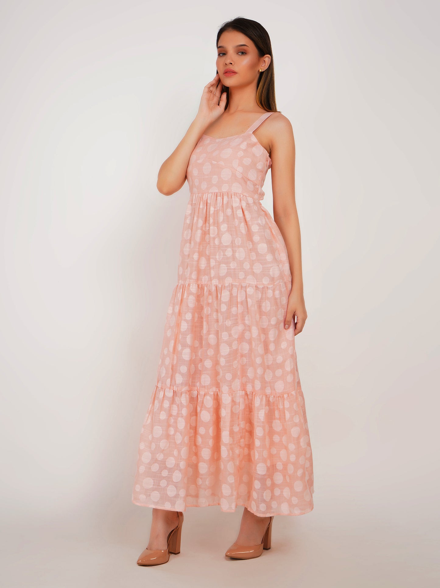 Peach Polka Dots Linen Maxi Dress