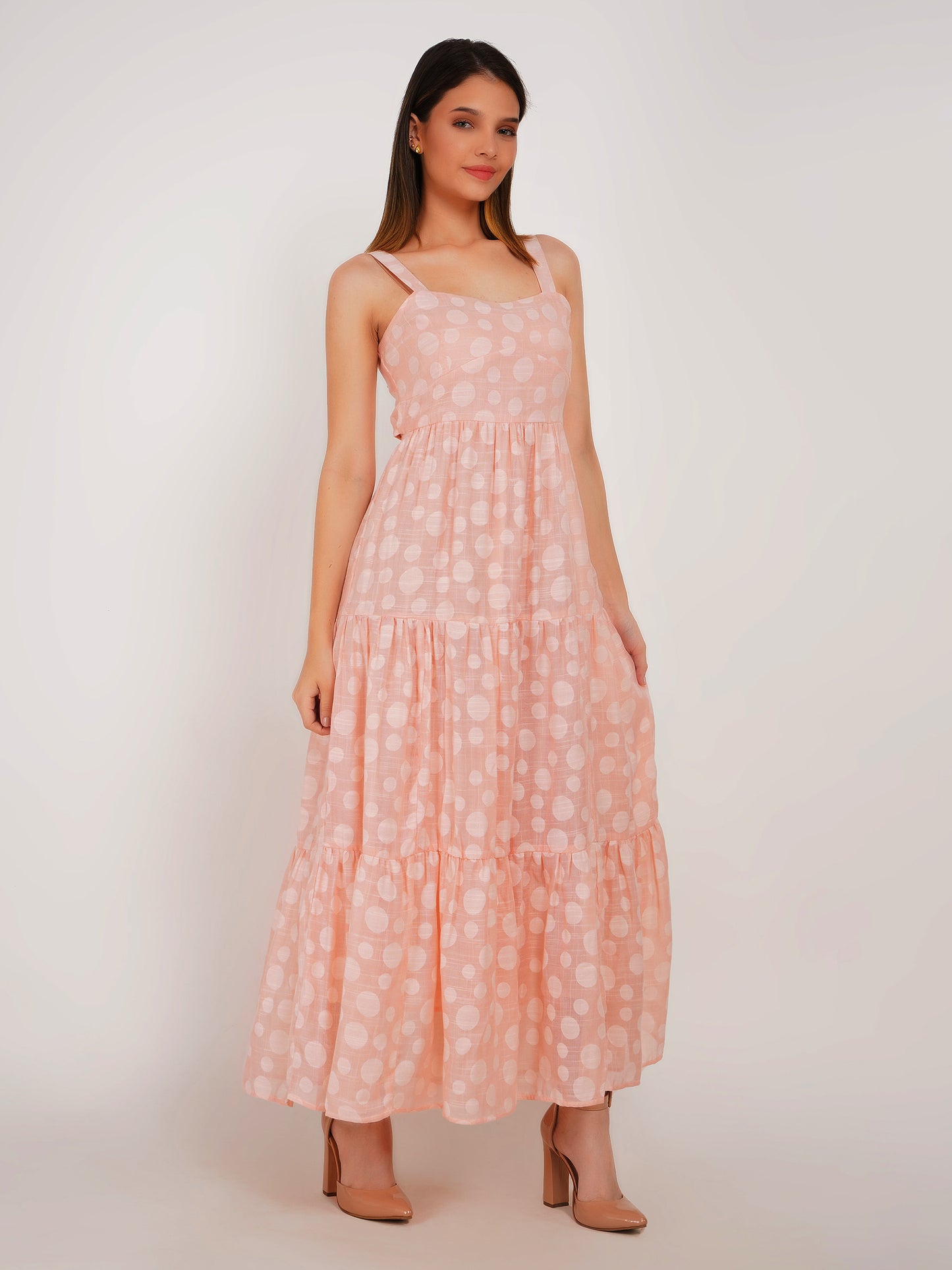 Peach Polka Dots Linen Maxi Dress