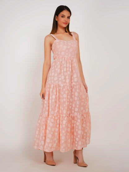 Peach Polka Dots Linen Maxi Dress