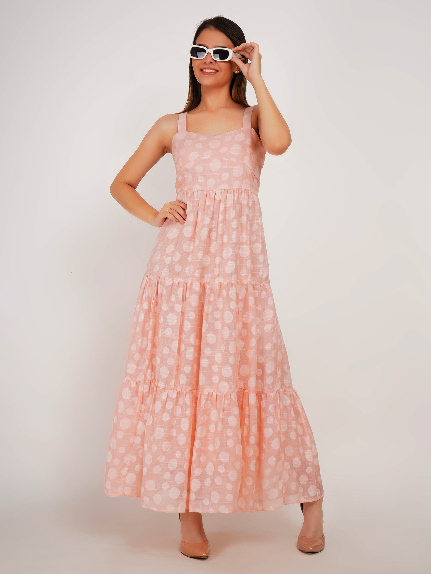 Peach Polka Dots Linen Maxi Dress
