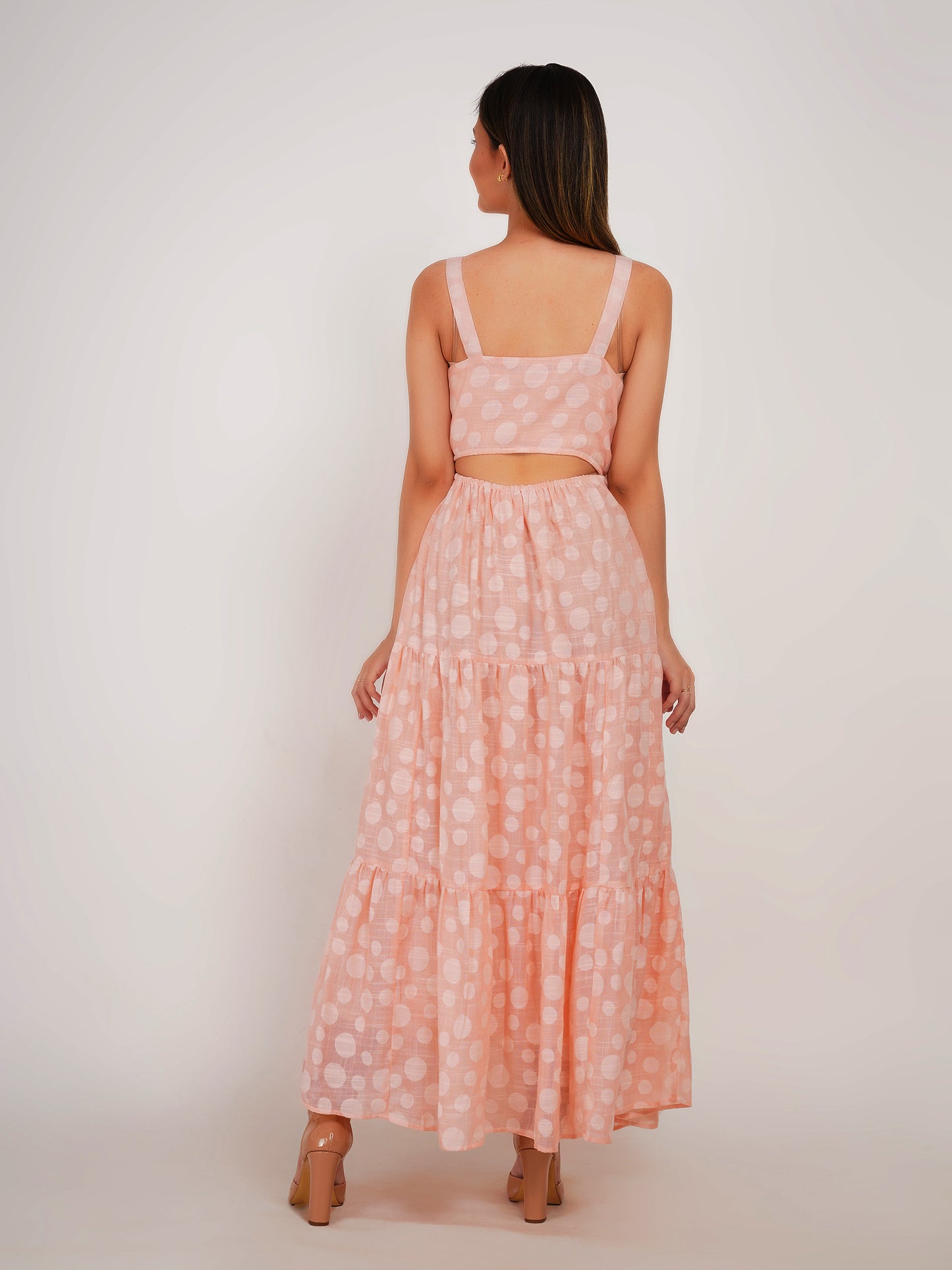 Peach Polka Dots Linen Maxi Dress