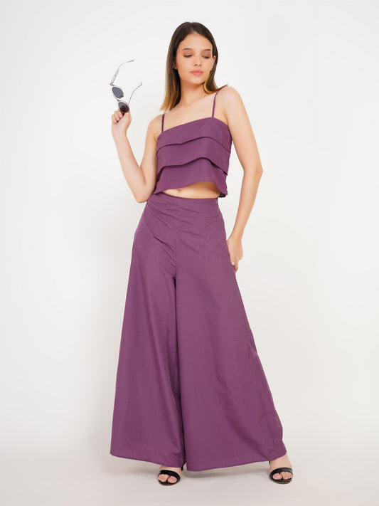 Lavender Ruffles Palazzo Ensemble Co-ord set| Purple viscose fabric with 3D Engravings I Adjustable straps ruffled top with wide leg Palazzo | half elastic high waist I Side pocket side zipper