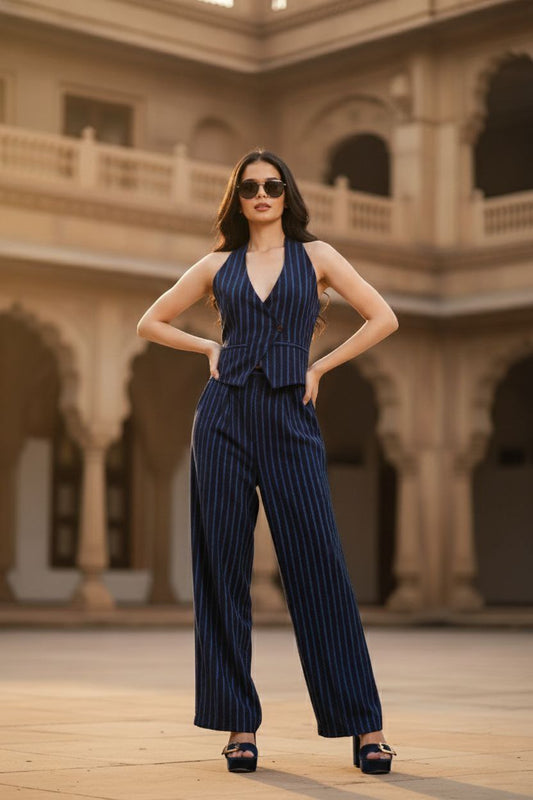 Navy Blue Pinstripe Co-ord set I Half Backless vest With pants