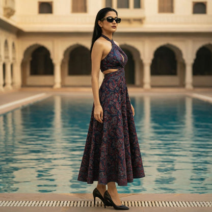 Women Paisley Print Halter Neck Maxi Dress with Tie-Back & Cut-Out Waist – Resort Wear