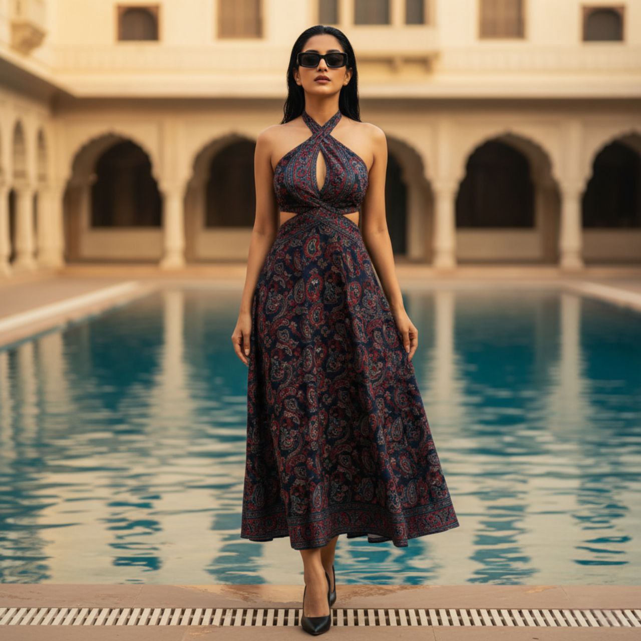 Women Paisley Print Halter Neck Maxi Dress with Tie-Back & Cut-Out Waist – Resort Wear