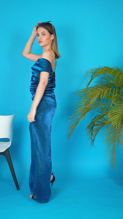 Scintillating Asymmetrical Off Shoulder Gown