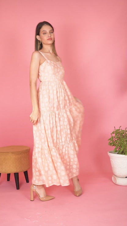 Peach Polka Dots Linen Maxi Dress