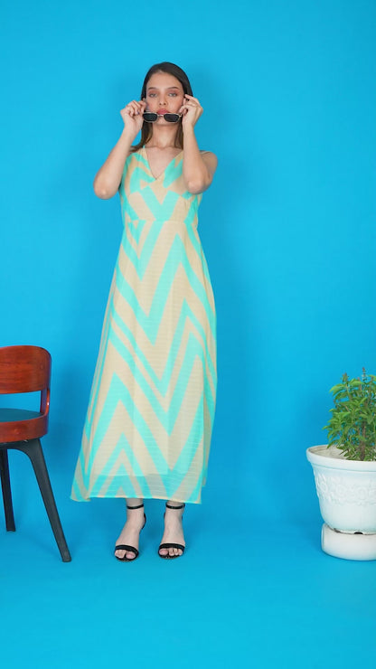 Sky-blue Chevron Chic  Maxi Dress