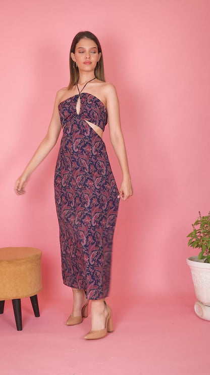 Paisley Cut-out Halter Backless Maxi Dress