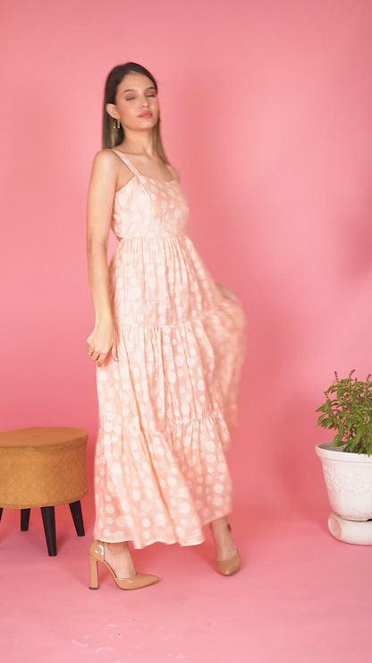 Peach Polka Dots Linen Maxi Dress