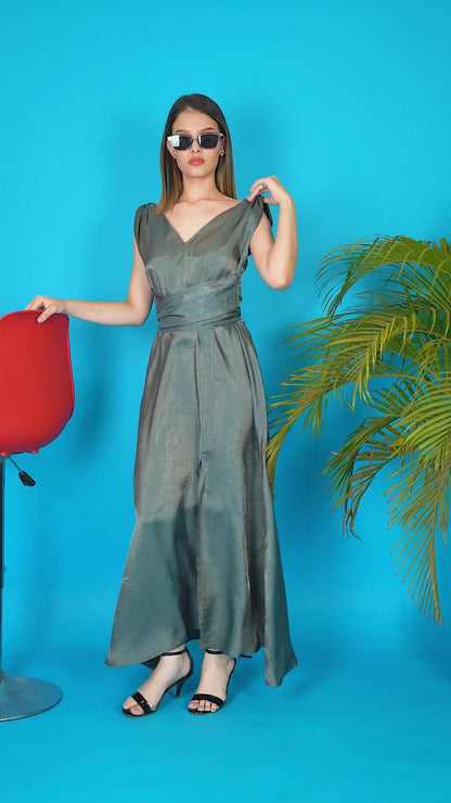 Lustrous Silk Wrap Party Wear Gown-Grey