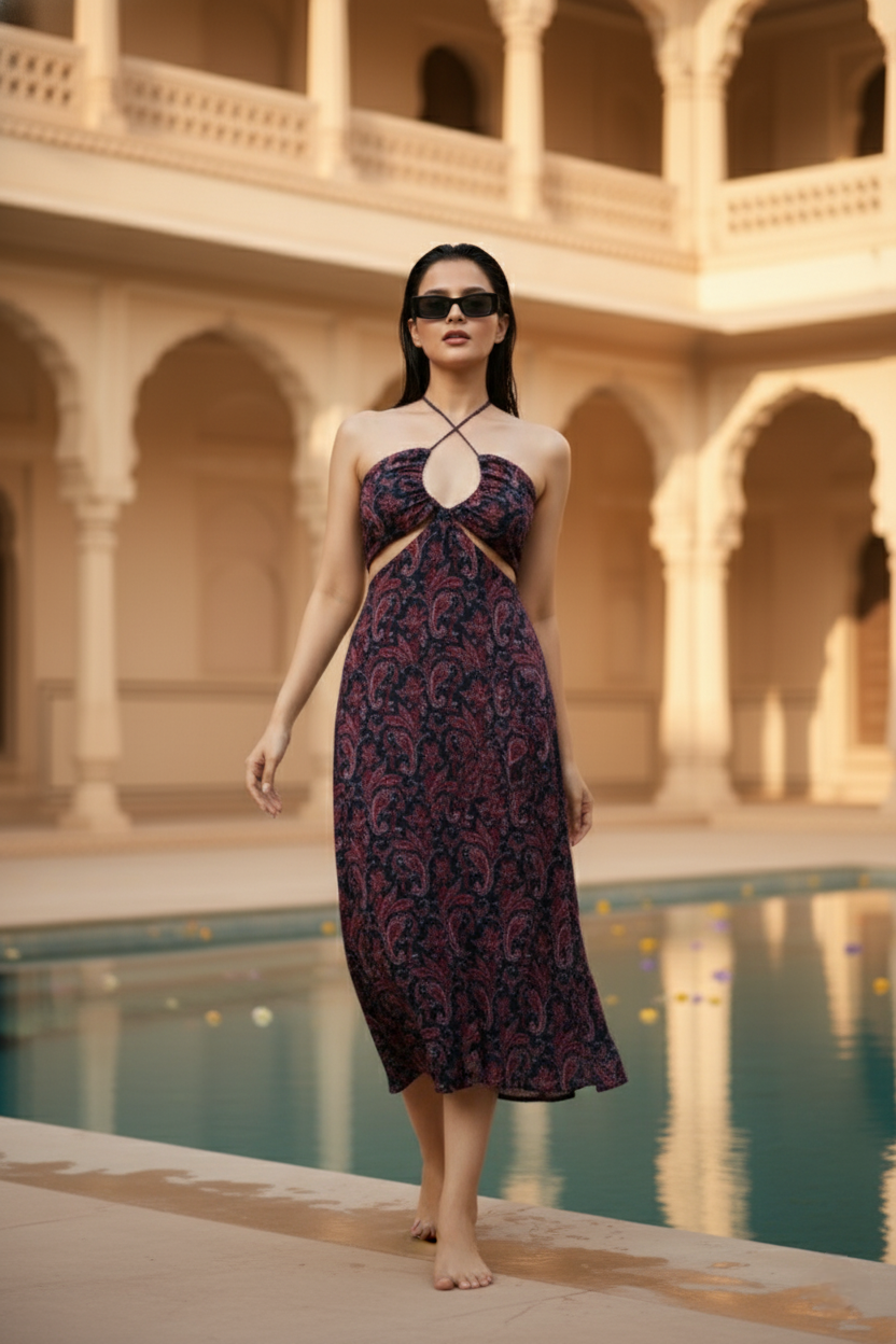 Paisley Cut-out Halter Backless Maxi Dress