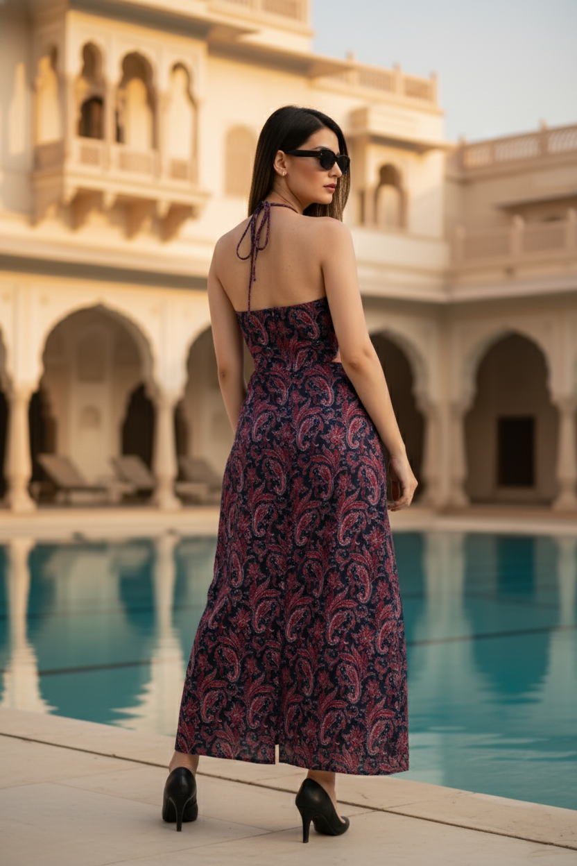 Paisley Cut-out Halter Backless Maxi Dress