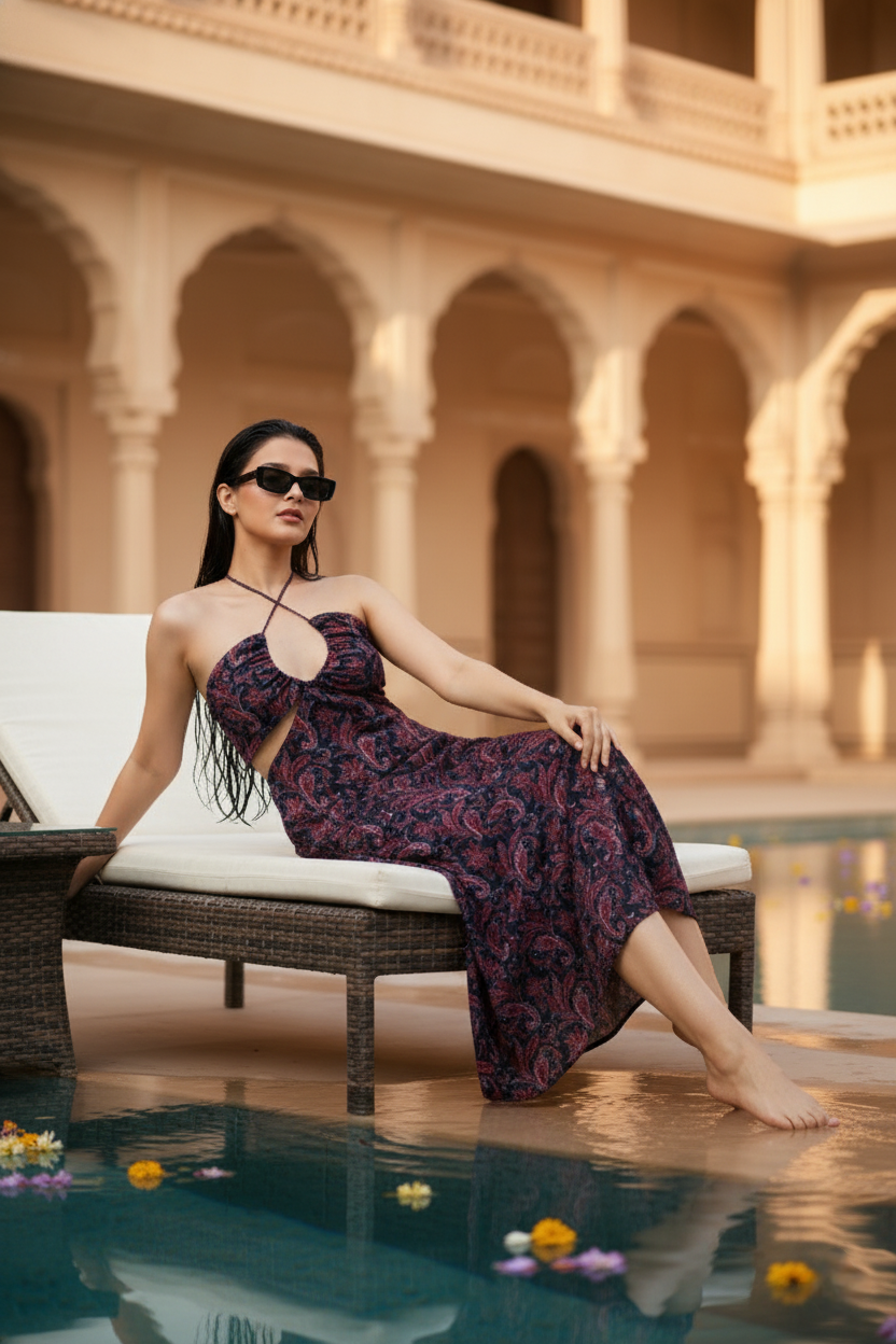 Paisley Cut-out Halter Backless Maxi Dress
