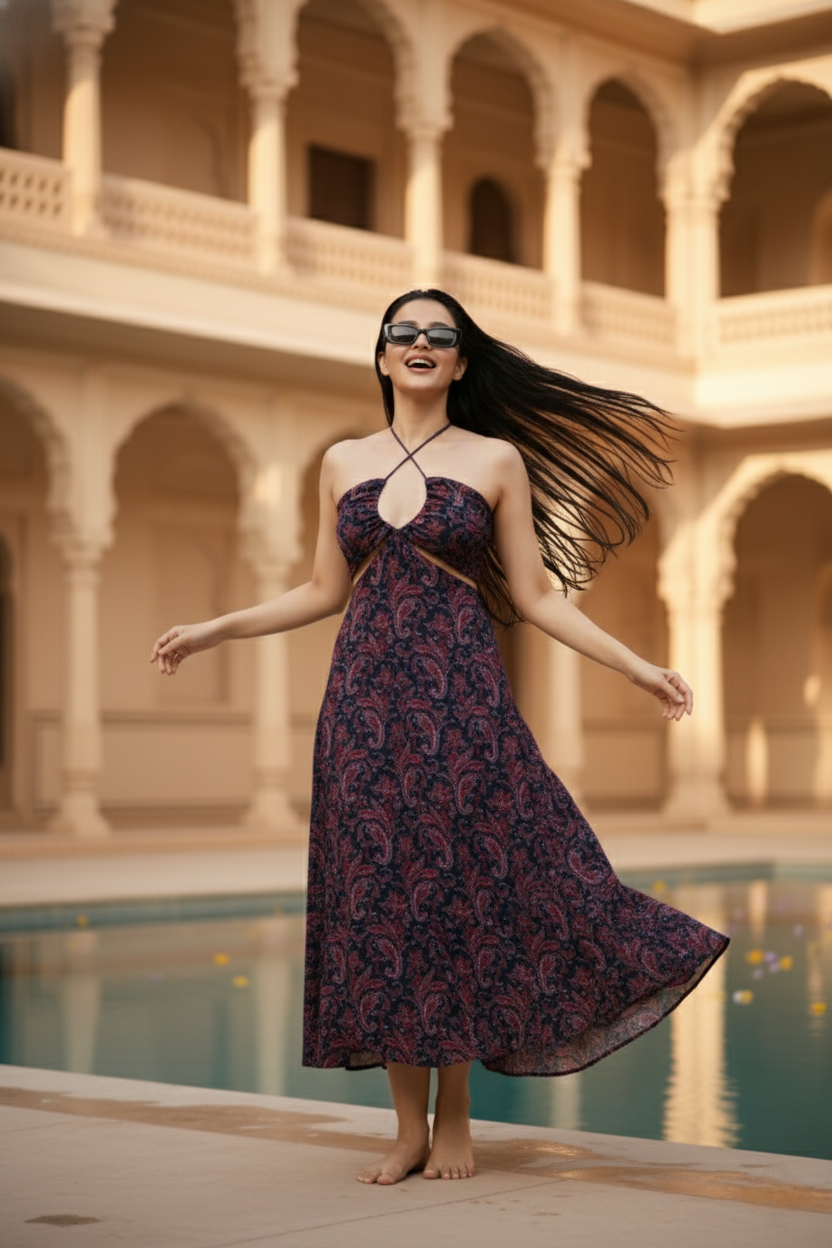 Paisley Cut-out Halter Backless Maxi Dress