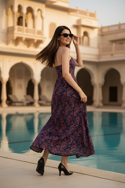 Paisley Cut-out Halter Backless Maxi Dress